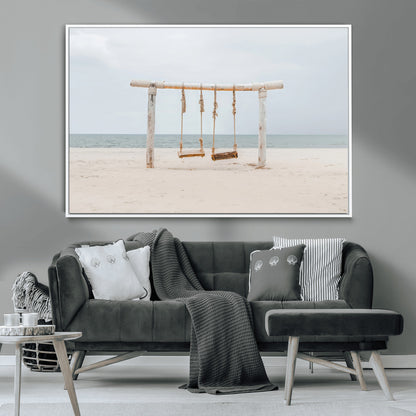 68327283-MGV-CV-36X24-Beach Swing Wall Art Canvas Print, Framed Quiet Beach Art Picture Print, Calm Shoreline Perfect Bohemian Coastal Decor Artwork