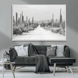 35537313-MGV-CV-36X24-Monochrome Desert Wall Art Canvas Print, Framed Cactus Path Art Picture Print, Southwestern Landscape Perfect Southwestern