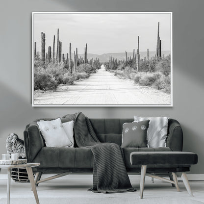 35537313-MGV-CV-36X24-Monochrome Desert Wall Art Canvas Print, Framed Cactus Path Art Picture Print, Southwestern Landscape Perfect Southwestern