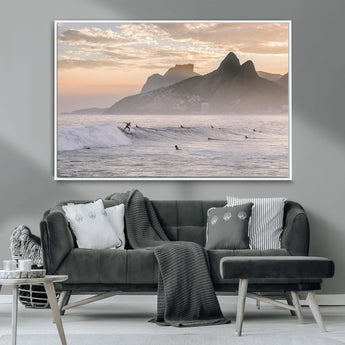 70644906-MGV-CV-36X24-Sunset Surfing Wall Art Canvas Print, Framed Misty Mountains Art Picture Print, Surfer Riding Wave Perfect Coastal Adventure Decor