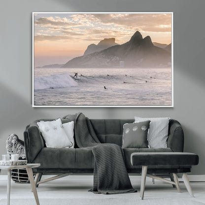 70644906-MGV-CV-36X24-Sunset Surfing Wall Art Canvas Print, Framed Misty Mountains Art Picture Print, Surfer Riding Wave Perfect Coastal Adventure Decor