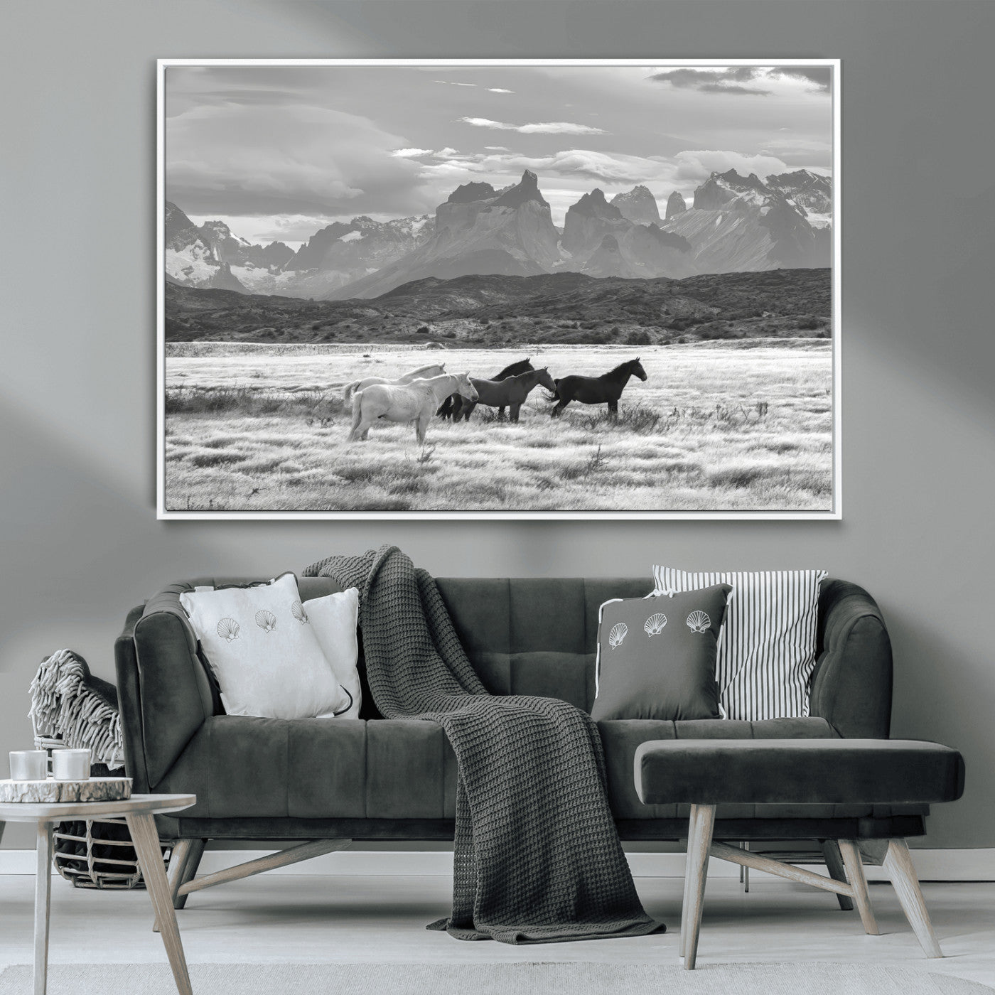 21655040-MGV-CV-36X24-Wild Horses Wall Art Canvas Print, Framed Black White Mountains Art Picture Print, Rustic Countryside Perfect Rustic Western Decor