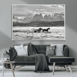 21655040-MGV-CV-36X24-Wild Horses Wall Art Canvas Print, Framed Black White Mountains Art Picture Print, Rustic Countryside Perfect Rustic Western Decor