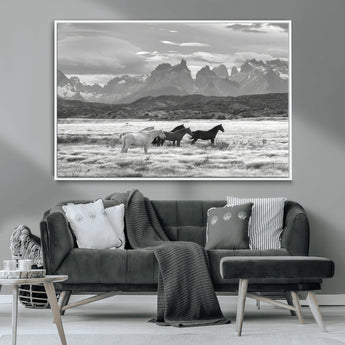 21655040-MGV-CV-36X24-Wild Horses Wall Art Canvas Print, Framed Black White Mountains Art Picture Print, Rustic Countryside Perfect Rustic Western Decor