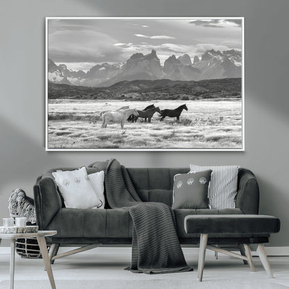 21655040-MGV-CV-36X24-Wild Horses Wall Art Canvas Print, Framed Black White Mountains Art Picture Print, Rustic Countryside Perfect Rustic Western Decor
