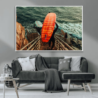 84555848-MGV-CV-36X24-Surfer Stairway Wall Art Canvas Print, Framed Ocean Surf Art Picture Print, Sunset Coastal Perfect Coastal Adventure Decor Artwork