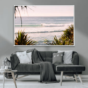 23287092-MGV-CV-36X24-Ocean Surfer Wall Art Canvas Print, Framed Coastal Surf Art Picture Print, Tropical Beach Perfect Tropical Coastal Decor Artwork