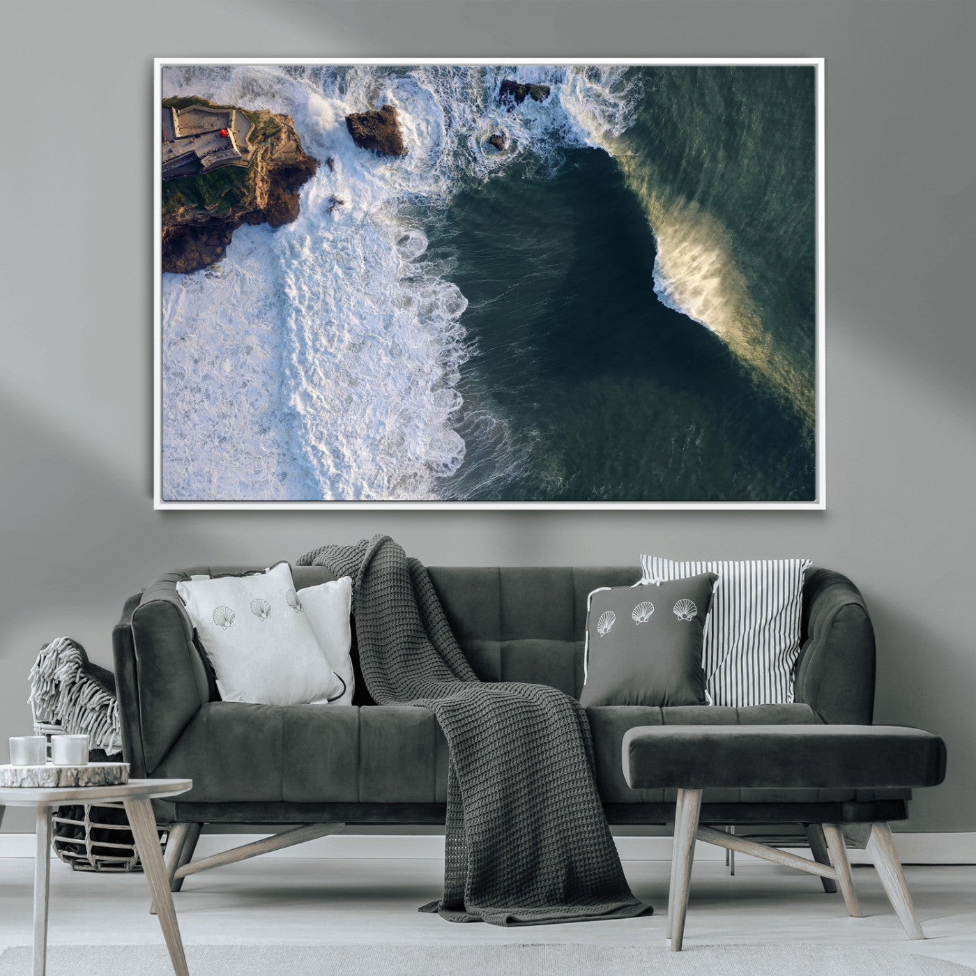 37405684-MGV-CV-36X24-Nazare Coast Wall Art Canvas Print, Framed Aerial Ocean Art Picture Print, Coastal Fortress Perfect Dramatic Coastal Decor Artwork