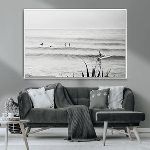 33821421-MGV-CV-36X24-Surfer Silhouette Wall Art Canvas Print, Framed Calm Ocean Art Picture Print, Monochrome Surf Perfect Minimalist Coastal Decor