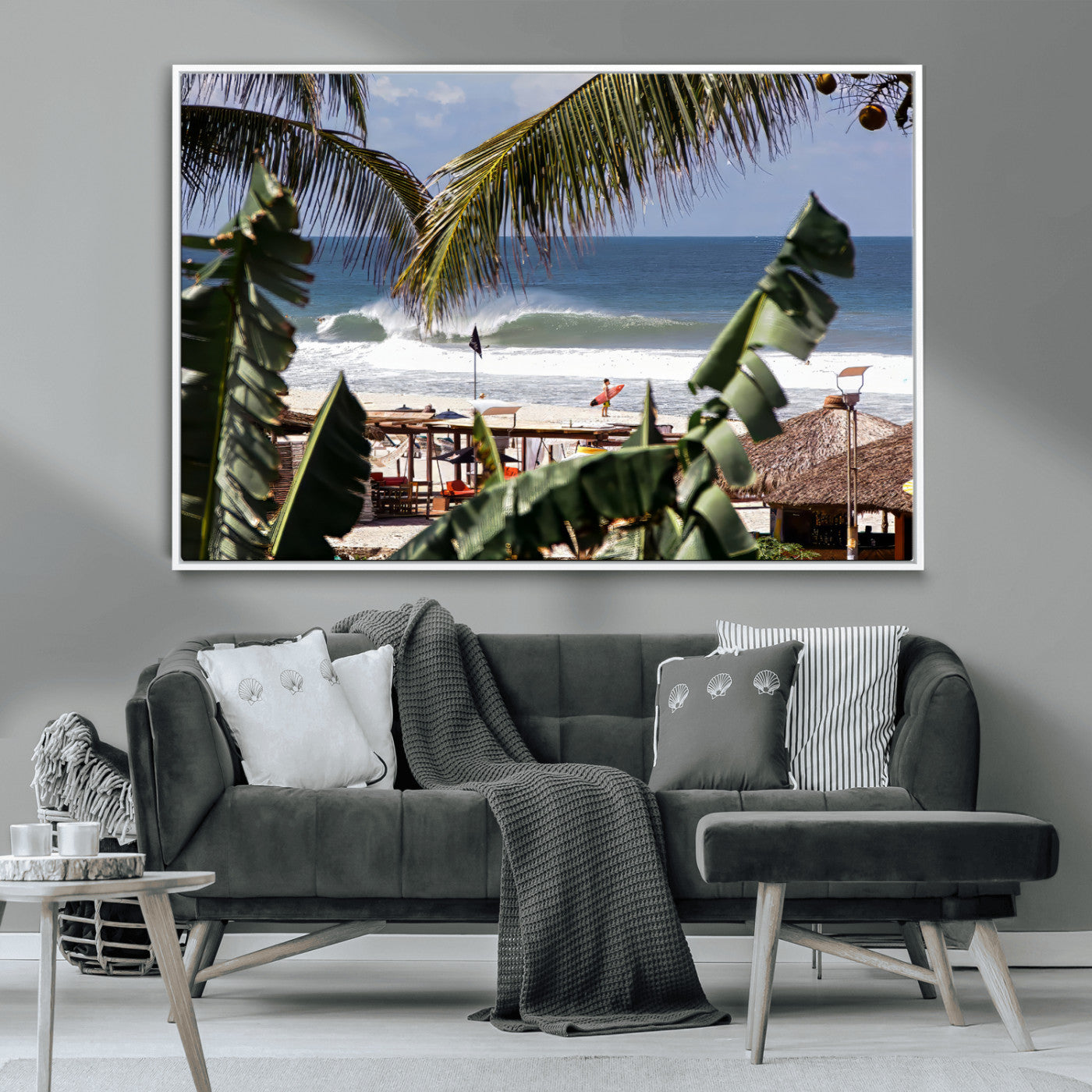 34722557-MGV-CV-36X24-Tropical Shoreline Wall Art Canvas Print, Framed Surfer Beach Art Picture Print, Coastal Surf Perfect Tropical Coastal Decor