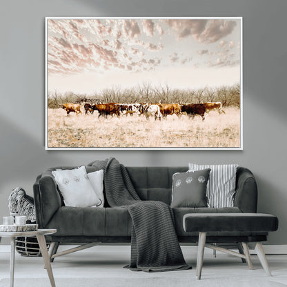 64892775-MGV-CV-36X24-Longhorn Cattle Wall Art Canvas Print, Framed Texas Ranch Art Picture Print, Western Cow Perfect Western Decor Artwork