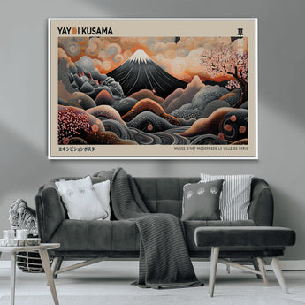 55739266-MGV-CV-36X24-Japanese Wall Art Print – Abstract Yayoi Kusama Inspired Dotted Landscape Poster, Surreal Oriental Mountain and Cherry Blossom