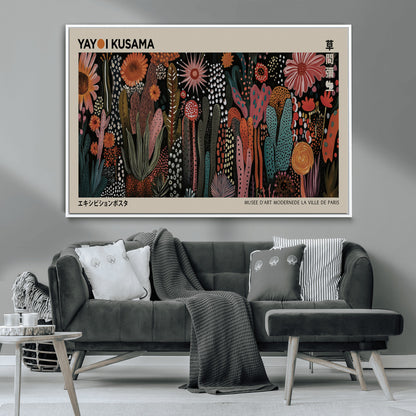 28344895-MGV-CV-36X24-Dark Floral Abstract Wall Art Poster – Modern Botanical Canvas Print with Beige Border, Kusama Inspired Boho Flower Painting,