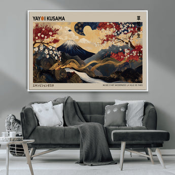 54967195-MGV-CV-36X24-Mount Fuji Wall Art – Japanese Cherry Blossom Abstract Canvas Print, Navy Gold Landscape Painting, Oriental Luxury Home Decor
