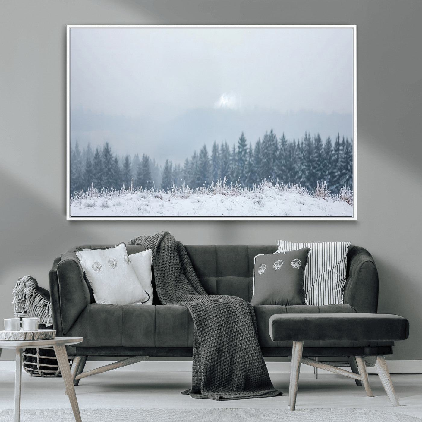 33033082-MGV-CV-36X24-Winter Forest Art Wall Art Canvas Print, Framed Snowy Landscape Art Picture Print, Misty Tree Scene Perfect Nordic Minimalist