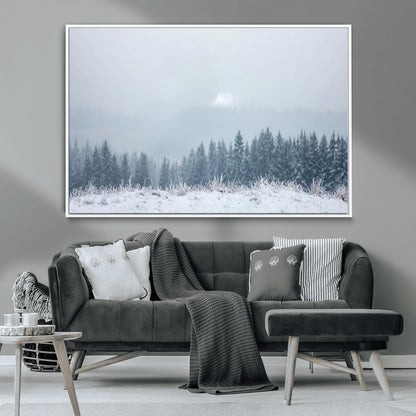 33033082-MGV-CV-36X24-Winter Forest Art Wall Art Canvas Print, Framed Snowy Landscape Art Picture Print, Misty Tree Scene Perfect Nordic Minimalist
