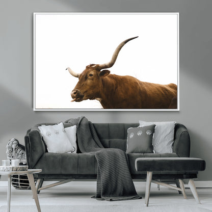 62566114-MGV-CV-36X24-Longhorn Cow Art Wall Art Canvas Print, Framed Rustic Animal Decor Art Picture Print, Texas Bull Photo Perfect Rustic Farmhouse