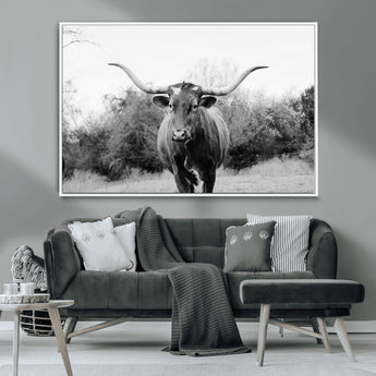 97280319-MGV-CV-36X24-Longhorn Photography Wall Art Canvas Print, Framed Western Cow Decor Art Picture Print, Texas Ranch Style Perfect Rustic Farmhouse