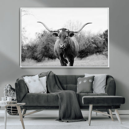 97280319-MGV-CV-36X24-Longhorn Photography Wall Art Canvas Print, Framed Western Cow Decor Art Picture Print, Texas Ranch Style Perfect Rustic Farmhouse