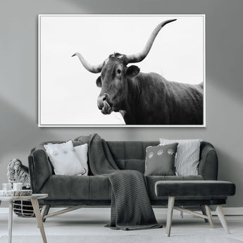 99244177-MGV-CV-36X24-Longhorn Photography Wall Art Canvas Print, Framed Western Cow Decor Art Picture Print, Black White Bull Perfect Modern Rustic