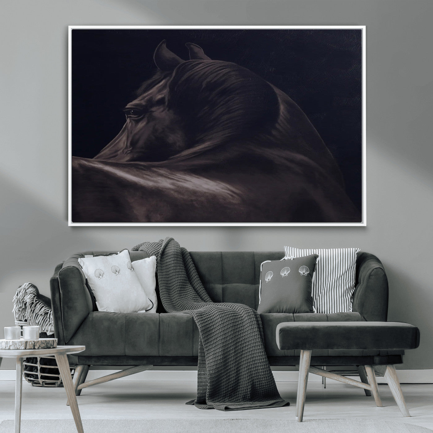 67026880-MGV-CV-36X24-Black Horse Portrait Wall Art Canvas Print, Framed Moody Horse Decor Art Picture Print, Equestrian Wall Style Perfect Masculine