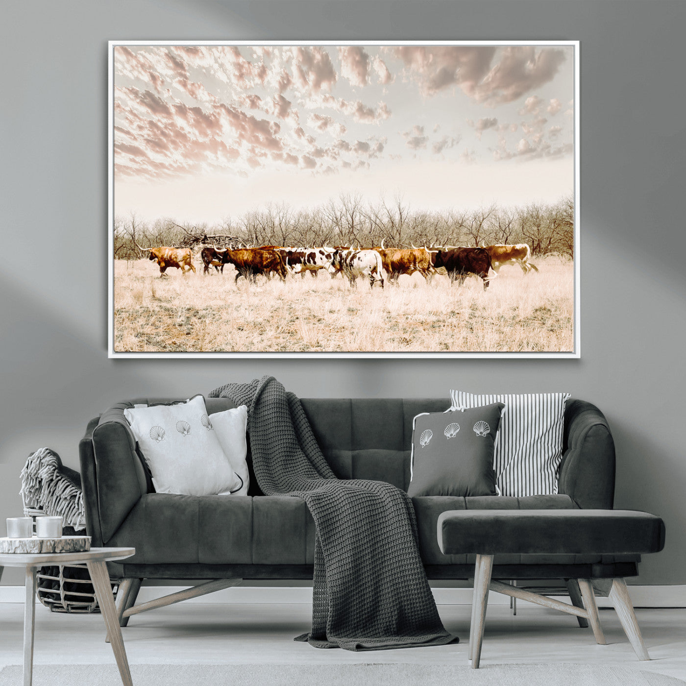 57389417-MGV-CV-36X24-Cow Herd Photography Wall Art Canvas Print, Framed Rustic Farmhouse Decor Art Picture Print, Western Ranch Style Perfect Rustic