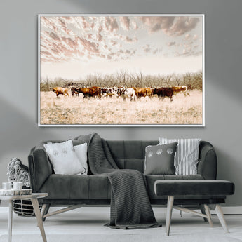 57389417-MGV-CV-36X24-Cow Herd Photography Wall Art Canvas Print, Framed Rustic Farmhouse Decor Art Picture Print, Western Ranch Style Perfect Rustic