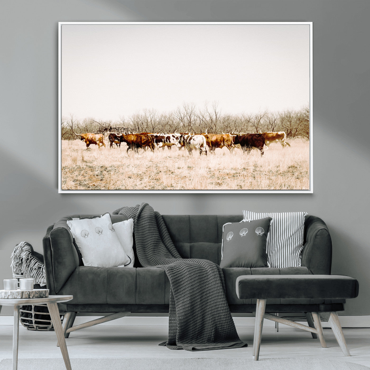 12454132-MGV-CV-36X24-Cow Herd Photography Wall Art Canvas Print, Framed Rustic Farmhouse Decor Art Picture Print, Western Ranch Style Perfect Rustic