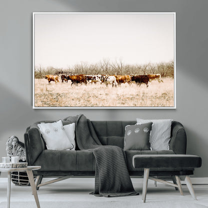 12454132-MGV-CV-36X24-Cow Herd Photography Wall Art Canvas Print, Framed Rustic Farmhouse Decor Art Picture Print, Western Ranch Style Perfect Rustic