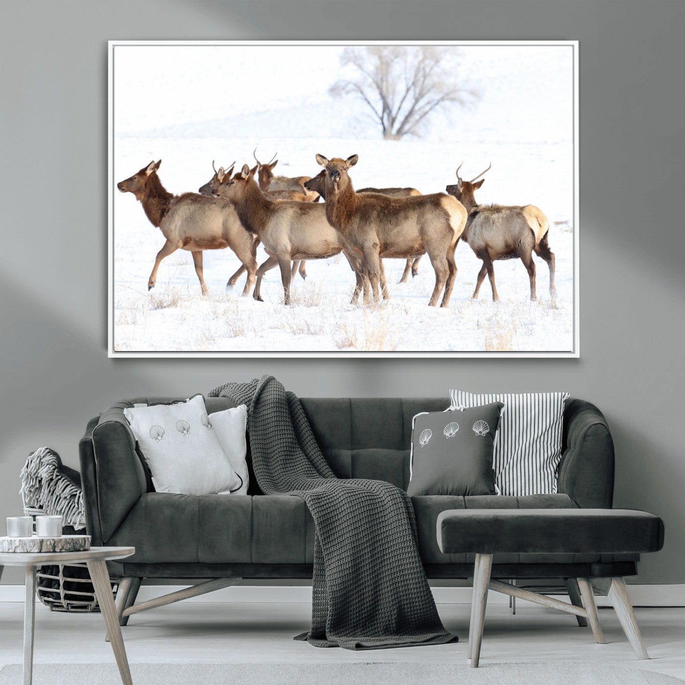 68738684-MGV-CV-36X24-Winter Elk Scene Wall Art Canvas Print, Framed Wildlife Photography Art Picture Print, Snowy Deer Decor Perfect Rustic Lodge Decor