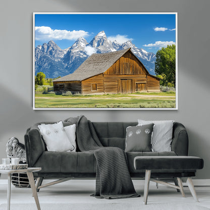 75948467-MGV-CV-36X24-Mountain Barn Scene Wall Art Canvas Print, Framed Rustic Farmhouse Style Art Picture Print, Country Cabin Decor Perfect Rustic