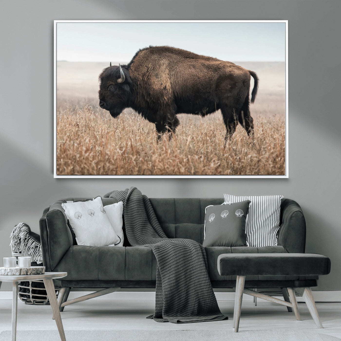 34451925-MGV-CV-36X24-Rustic Bison Decor Wall Art Canvas Print, Framed Buffalo Home Accent Art Picture Print, Prairie Wildlife Scene Perfect Western