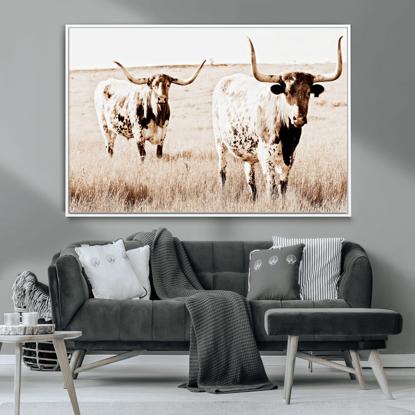 39672786-MGV-CV-36X24-Rustic Cow Scene Wall Art Canvas Print, Framed Farmhouse Style Cattle Art Picture Print, Prairie Animal Duo Perfect Rustic Western
