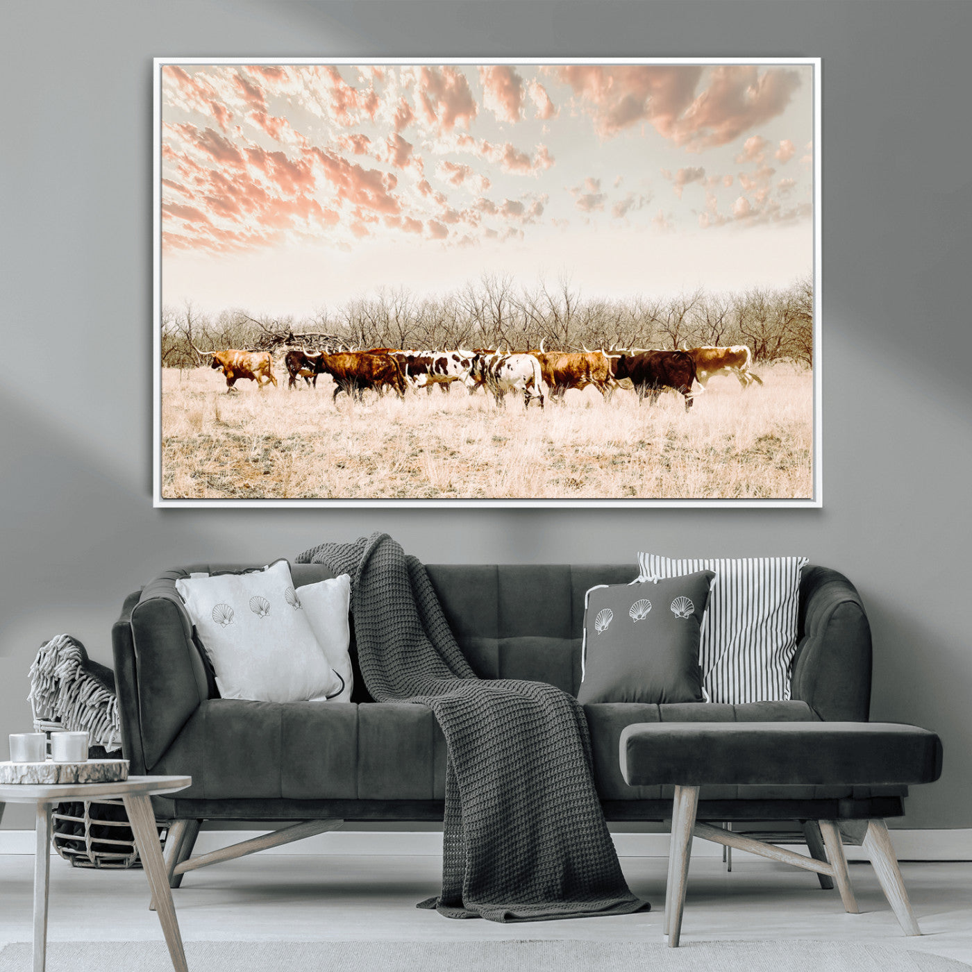 43704663-MGV-CV-36X24-Country Cow Herd Wall Art Canvas Print, Framed Farmhouse Cattle Scene Art Picture Print, Rustic Ranch Decor Perfect Rustic