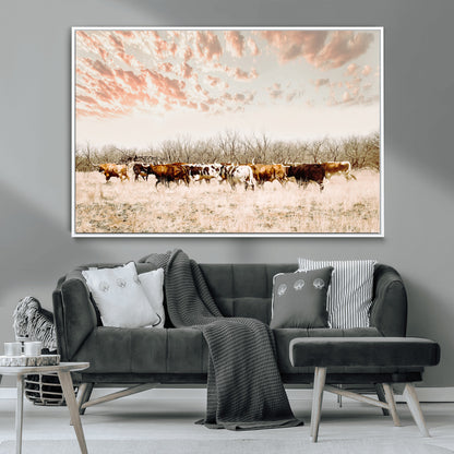 43704663-MGV-CV-36X24-Country Cow Herd Wall Art Canvas Print, Framed Farmhouse Cattle Scene Art Picture Print, Rustic Ranch Decor Perfect Rustic