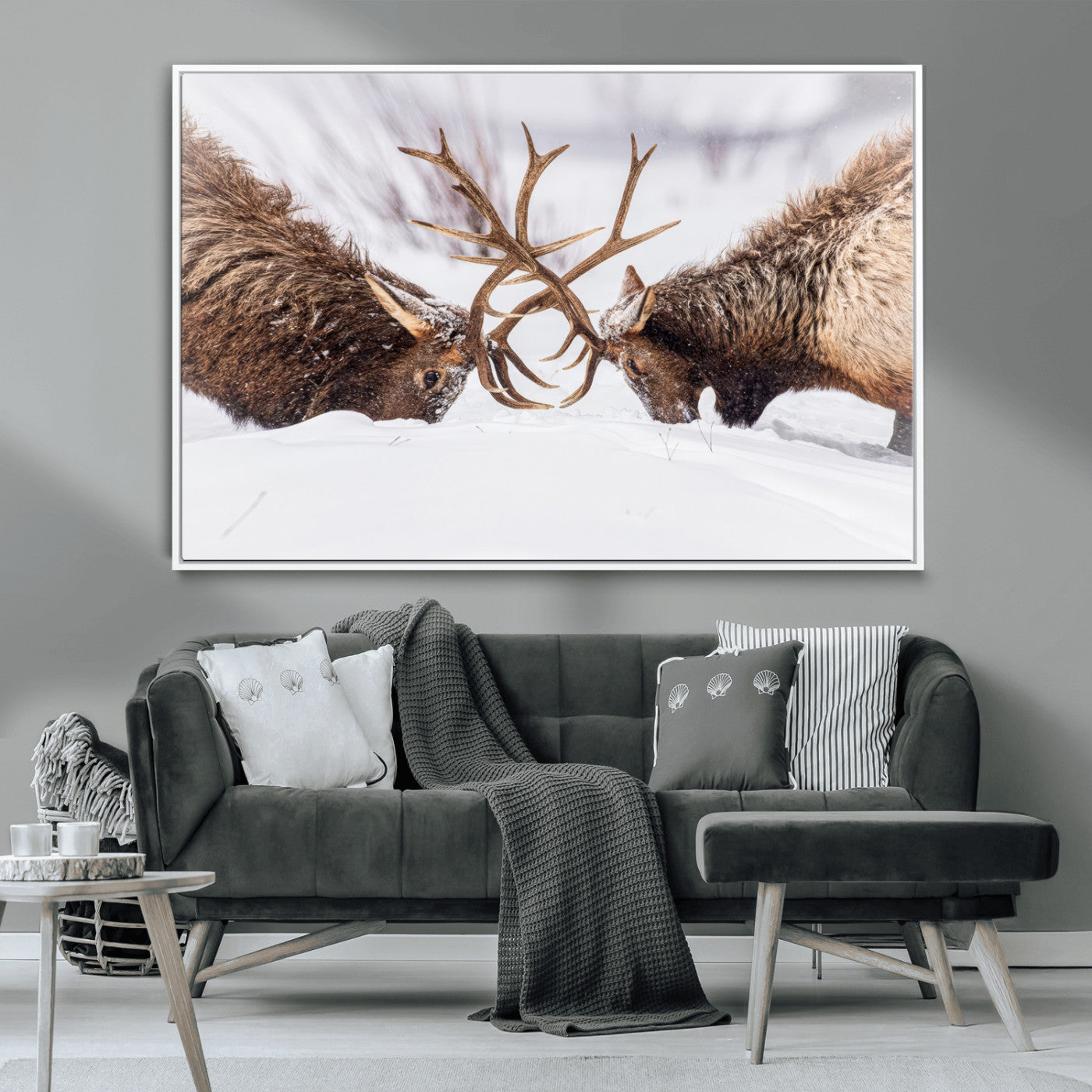 36507609-MGV-CV-36X24-Elk Clash Scene Wall Art Canvas Print, Framed Wildlife Strength Decor Art Picture Print, Snowy Forest Elk Perfect Rustic Lodge