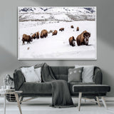 13891210-MGV-CV-36X24-Bison Herd Scene Wall Art Canvas Print, Framed Western Wildlife Decor Art Picture Print, Snowy Mountain Valley Perfect Rustic