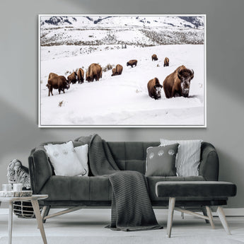 13891210-MGV-CV-36X24-Bison Herd Scene Wall Art Canvas Print, Framed Western Wildlife Decor Art Picture Print, Snowy Mountain Valley Perfect Rustic