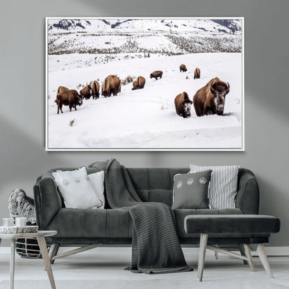 13891210-MGV-CV-36X24-Bison Herd Scene Wall Art Canvas Print, Framed Western Wildlife Decor Art Picture Print, Snowy Mountain Valley Perfect Rustic