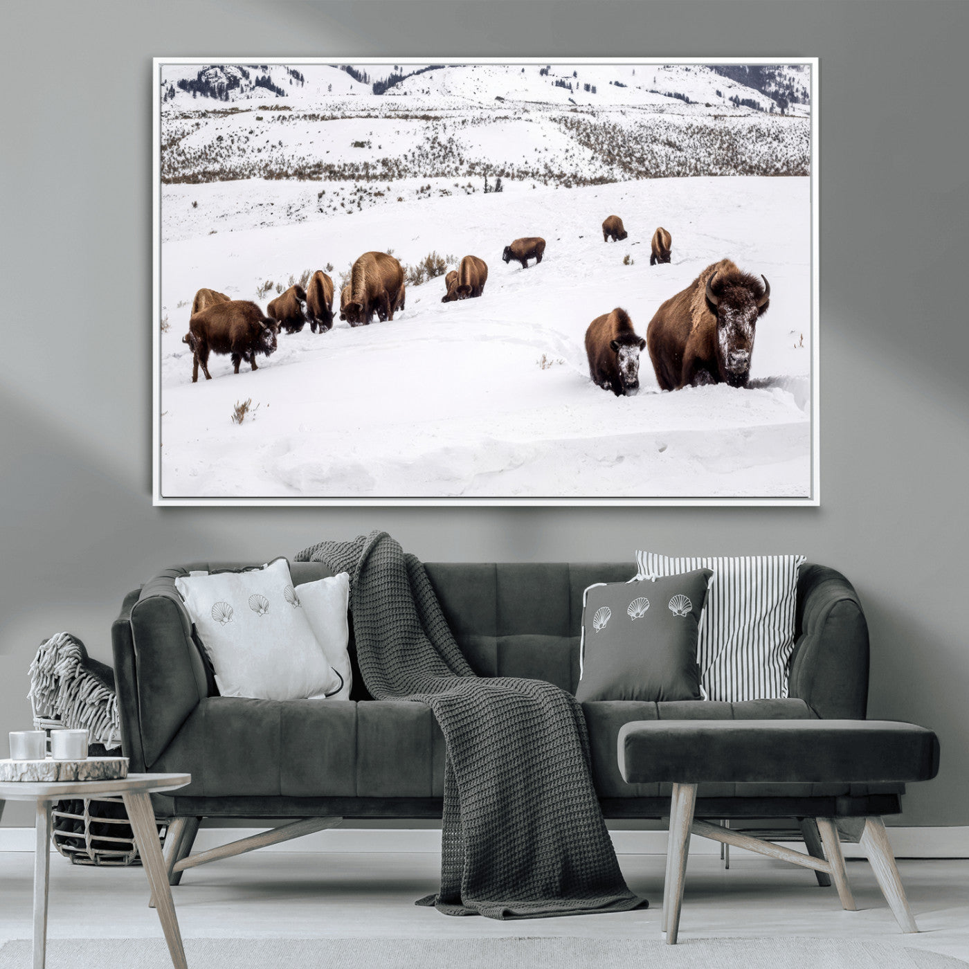13891210-MGV-CV-36X24-Bison Herd Scene Wall Art Canvas Print, Framed Western Wildlife Decor Art Picture Print, Snowy Mountain Valley Perfect Rustic