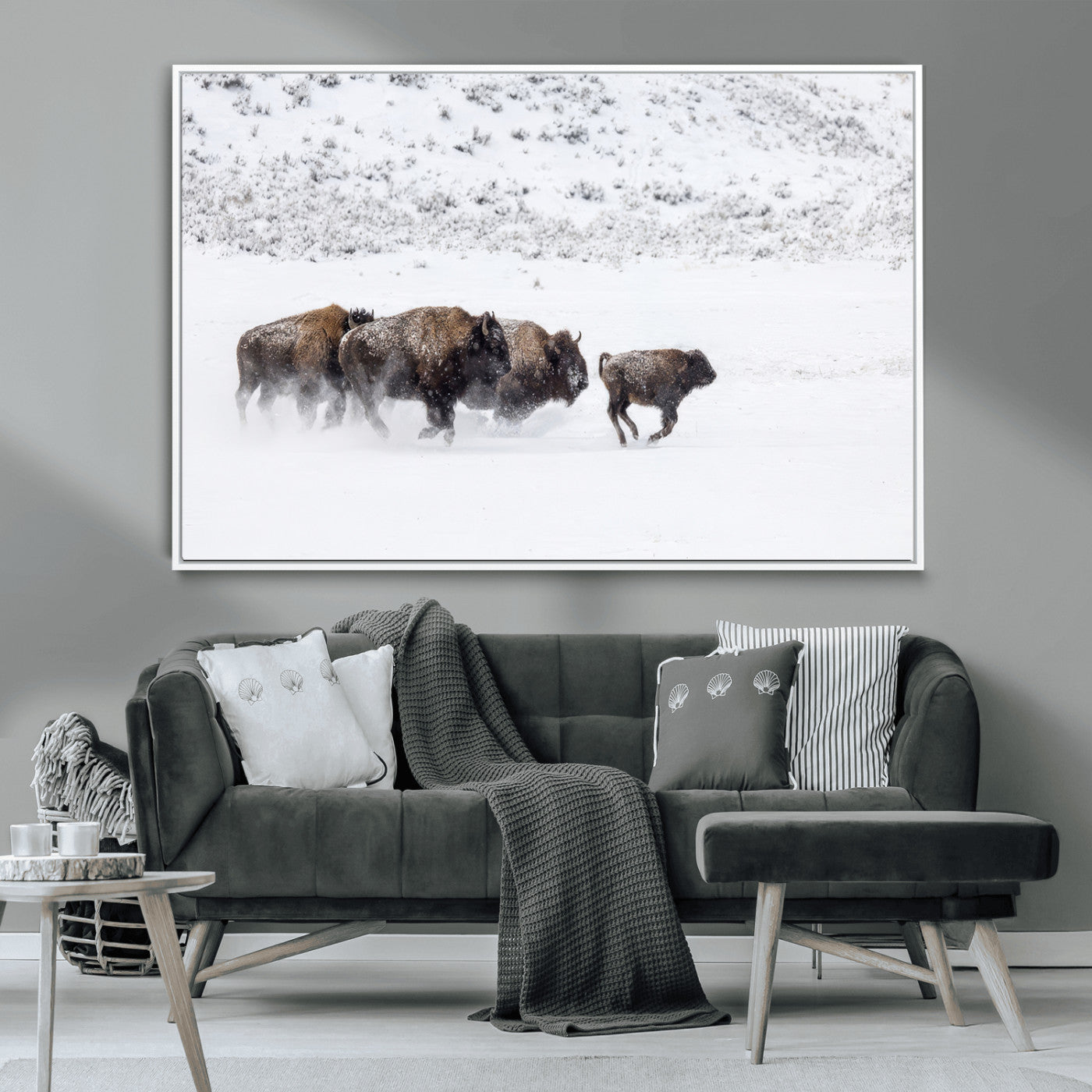 56216945-MGV-CV-36X24-Bison Herd Decor Wall Art Canvas Print, Framed Snowy Bison Scene Art Picture Print, Winter Wildlife Theme Perfect Rustic Western