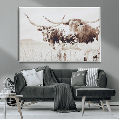 48161868-MGV-CV-36X24-Longhorn Cow Decor Wall Art Canvas Print, Framed Rustic Cattle Art Picture Print, Sepia Western Vibe Perfect Neutral Rustic