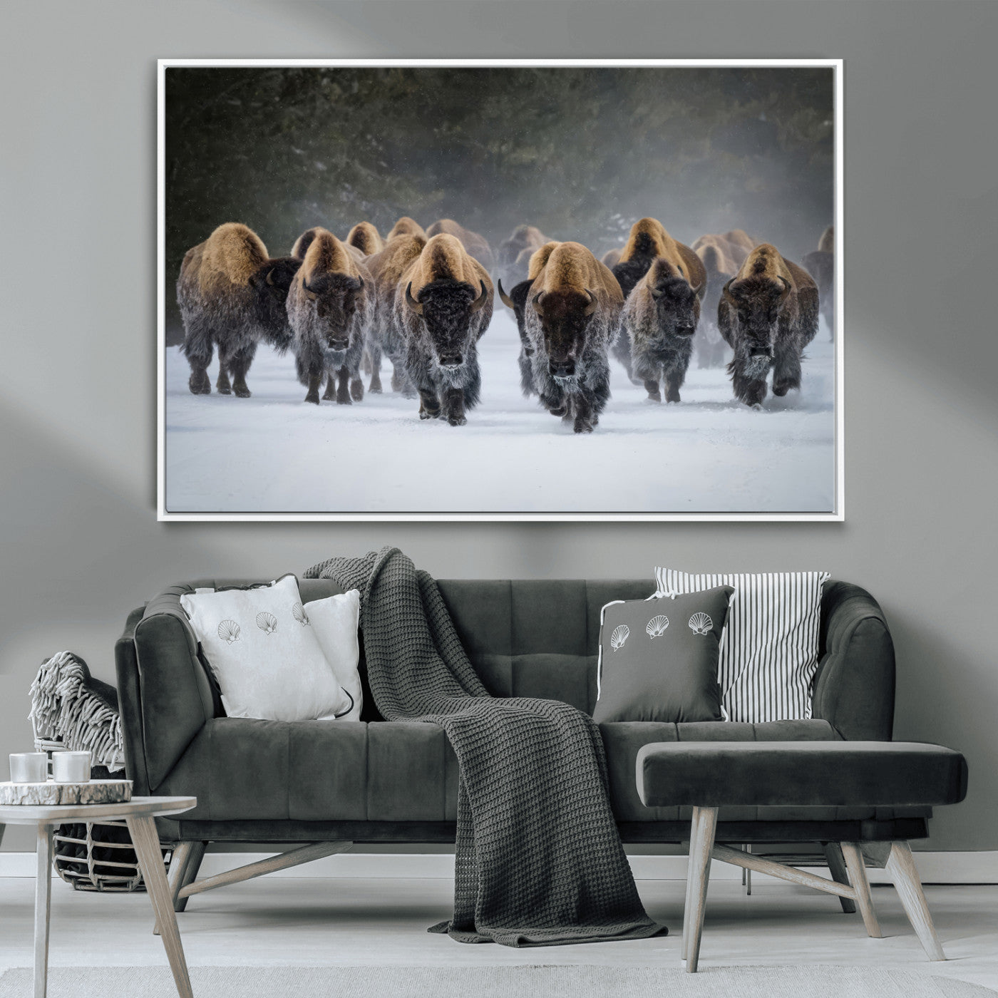 41669135-MGV-CV-36X24-Bison Herd Scene Wall Art Canvas Print, Framed Rustic Wildlife Decor Art Picture Print, Snowy Bison Landscape Perfect Rustic