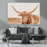 74406977-MGV-CV-36X24-Longhorn Bull Decor Wall Art Canvas Print, Framed Western Cow Theme Art Picture Print, Rustic Farmhouse Wall Perfect Neutral