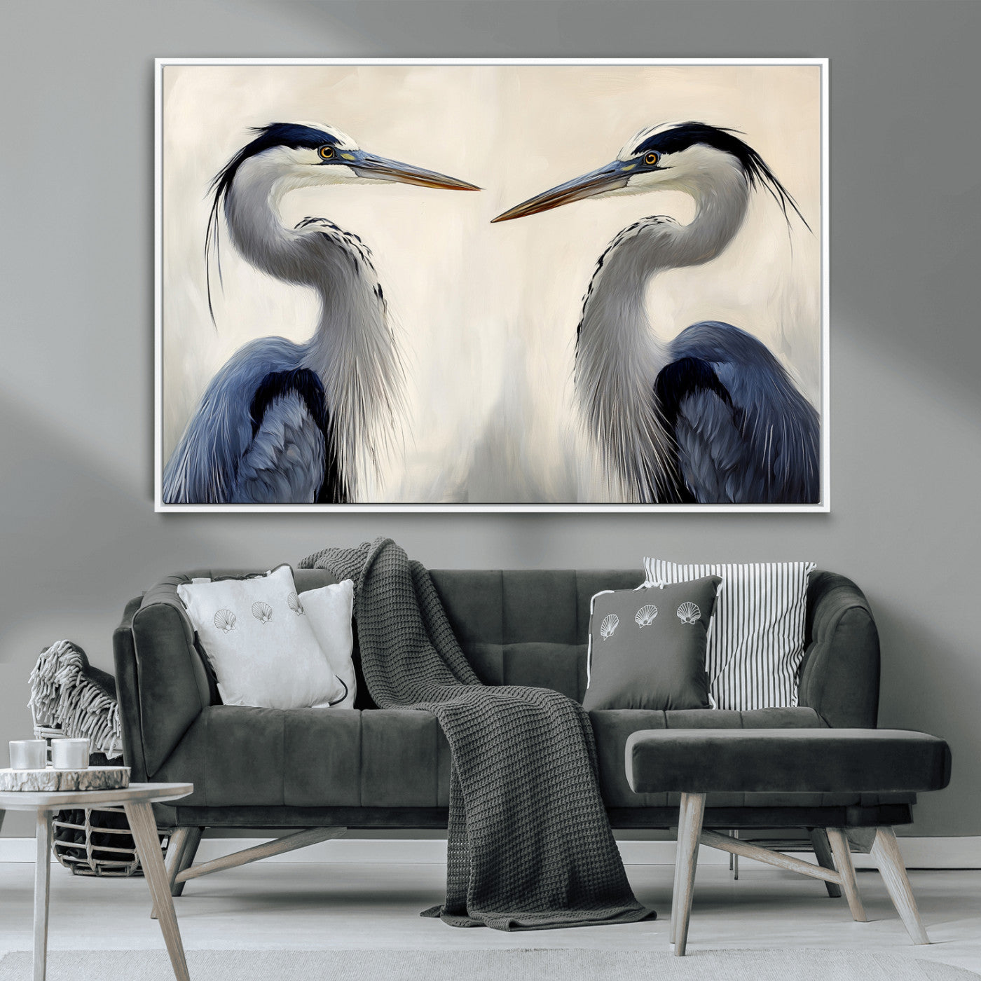 18230556-MGV-CV-36X24-Blue Heron Pair Wall Art Canvas Print, Framed Coastal Bird Theme Art Picture Print, Tranquil Wildlife Scene Perfect Coastal