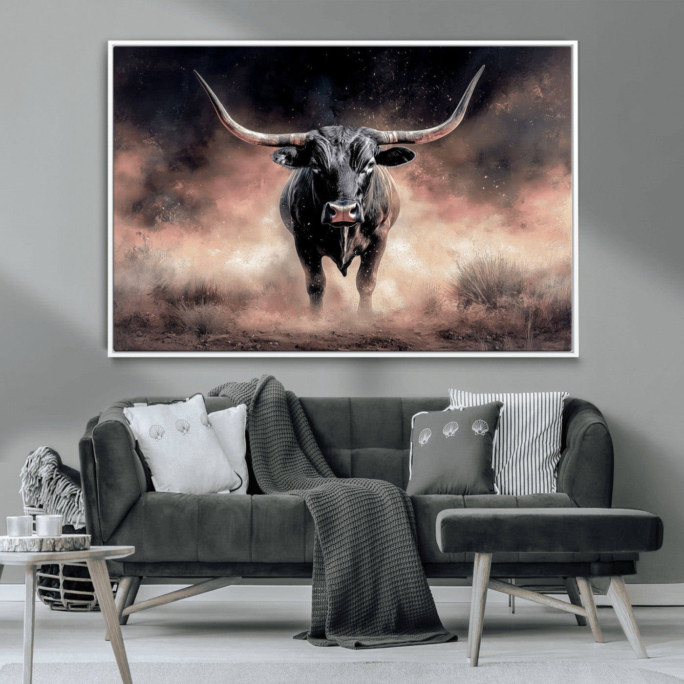 71457818-MGV-CV-36X24-Longhorn Wall Art Wall Art Canvas Print, Framed Western Bull Canvas Art Picture Print, Rustic Cow Decor Perfect Western Dramatic