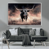 71457818-MGV-CV-36X24-Longhorn Wall Art Wall Art Canvas Print, Framed Western Bull Canvas Art Picture Print, Rustic Cow Decor Perfect Western Dramatic
