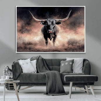 71457818-MGV-CV-36X24-Longhorn Wall Art Wall Art Canvas Print, Framed Western Bull Canvas Art Picture Print, Rustic Cow Decor Perfect Western Dramatic