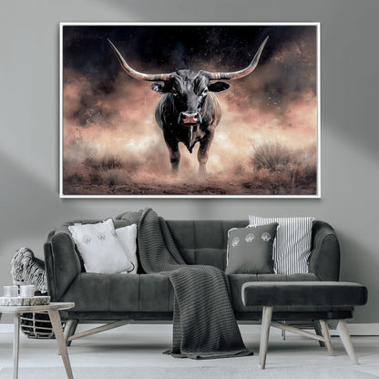 71457818-MGV-CV-36X24-Longhorn Wall Art Wall Art Canvas Print, Framed Western Bull Canvas Art Picture Print, Rustic Cow Decor Perfect Western Dramatic
