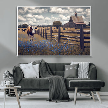 22296025-MGV-CV-36X24-Texas Longhorn Canvas Wall Art Canvas Print, Framed Rustic Barn Wall Art Art Picture Print, Farmhouse Cow Decor Perfect Rustic